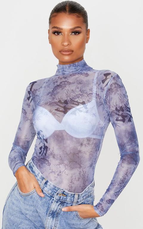 Blue Oriental Print Mesh High Neck Long Sleeve Bodysuit