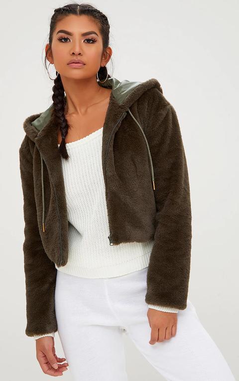 Khaki Cropped Faux Fur Jacket With Hood, Green