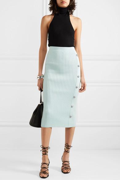 Jupe Midi En Mailles Stretch Côtelées À Boutons