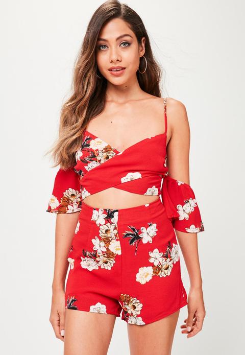Red Floral Printed Cold Shoulder Playsuit, Red