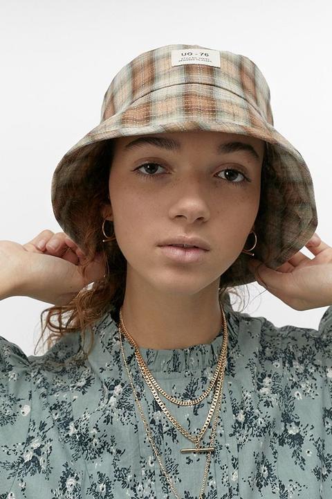 Uo Check Bucket Hat - Brown All At 