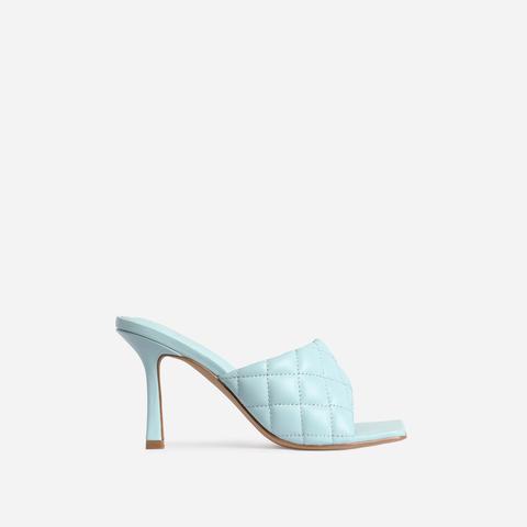 Tropez Square Toe Quilted Heel Mule In Light Blue Faux Leather, Blue