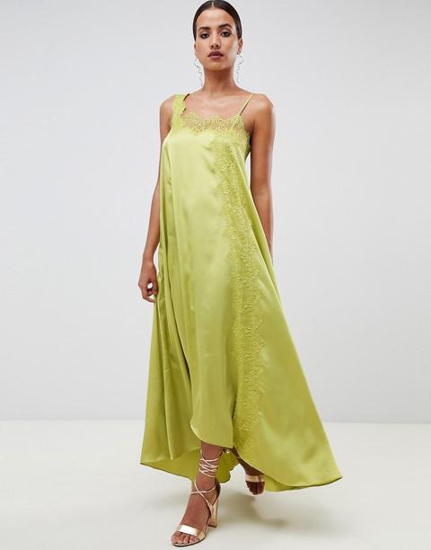 Vestido Largo De Satén Estilo Trapecio Con Ribete De Encaje De Asos Design-verde