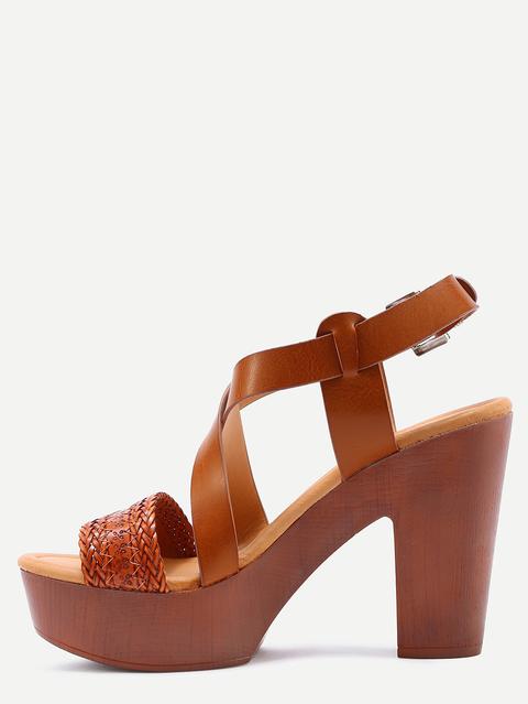 Braided Crisscross Cork Heel Sandals - Camel