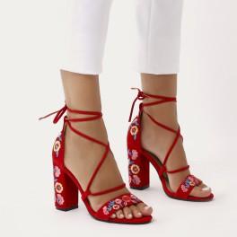 Wildfire Embroidered Block Heel Lace Ups In Red Faux Suede