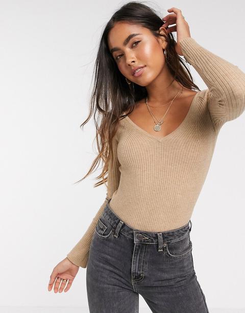 Asos Design V Neck Ribbed Jumper-stone