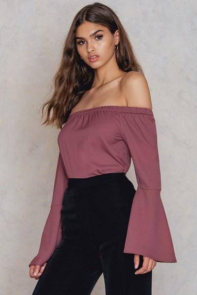 Na-kd Boho Off Shoulder Woven Wide Sleeve Top - Purple