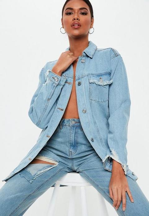 Blue Longline Distressed Denim Jacket, Blue