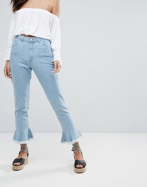 Prettylittlething - Jeans Dritti Con Volant Sul Fondo - Blu