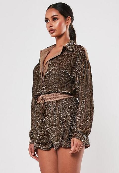 Gold Sequin Embellished Shorts, Gold