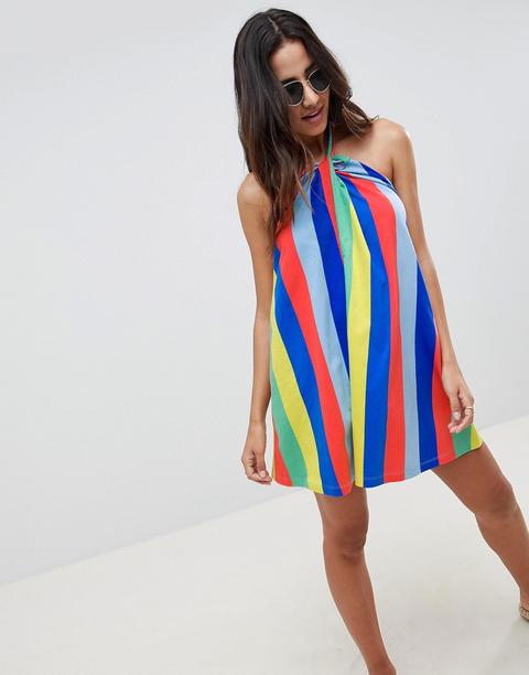 Vestido Veraniego De Vuelo Con Cuello Halter Retorcido Y Estampado De Rayas Estilo Arcoíris De Asos Design