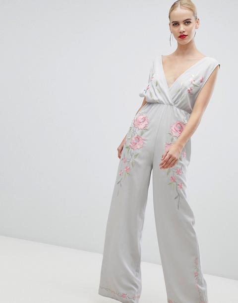 Asos Design - Tuta Jumpsuit Con Fondo Ampio E Ricamo - Blu