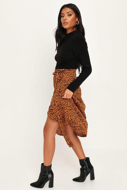 Mustard Leopard Satin Wrap Midi Skirt