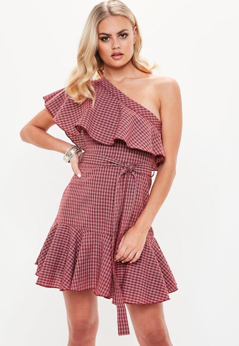 Red Check One Shoulder Frill Dress, Red