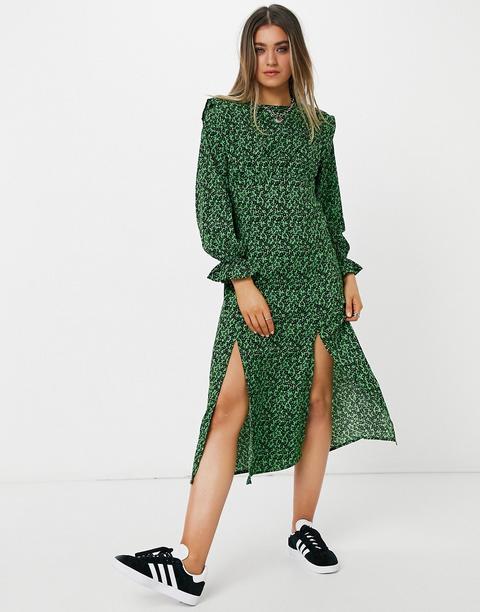 Vestido Midi Verde Con Estampado Floral, Abertura Y Hombreras De New Look