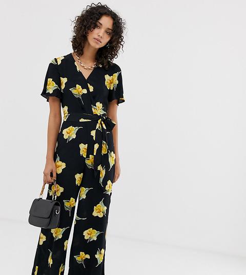 Warehouse - Tuta Jumpsuit Lunga Allacciata In Vita Nera A Fiori Gialli - Nero