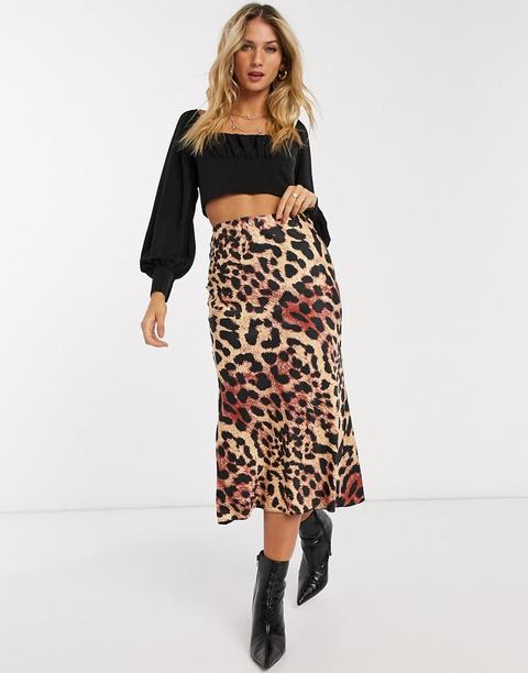 Asos Design Satin Bias Midi Skirt In Leopard Print-multi