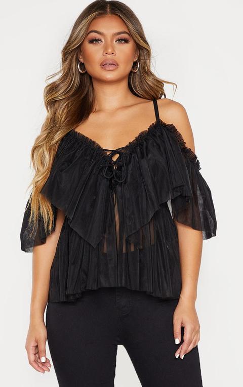 Black Mesh Ruffle Blouse
