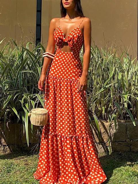 Maxi Dress Polka Dot Cravatta A Farfalla Con Scollo A V Drappeggiato E Scollatura A Punta Arancione