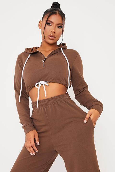 Chocolate Brush Back Cropped Half Zip Hoodie