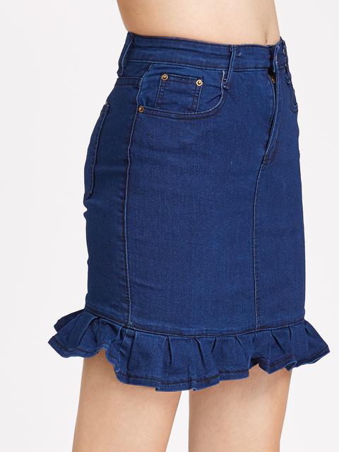 Dark Blue Ruffle Hem Denim Skirt