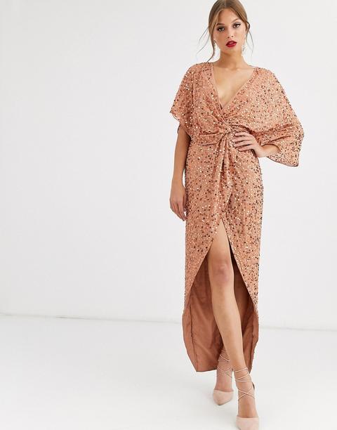 Vestido Largo Estilo Kimono Con Nudo Delantero Y Detalle De Lentejuelas De Asos Design-marrón