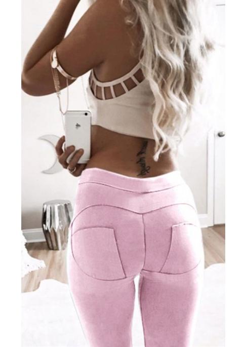 Pink Plain Pockets Elastic Waist Mid-rise Casual Long Pants