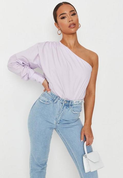 Lilac One Shoulder Poplin Bodysuit, Lilac