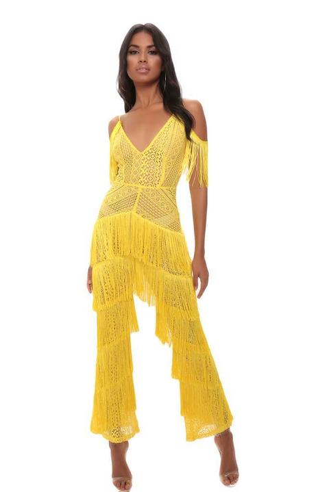 Yellow Crochet Fringe Cold Shoulder Jumpsuit