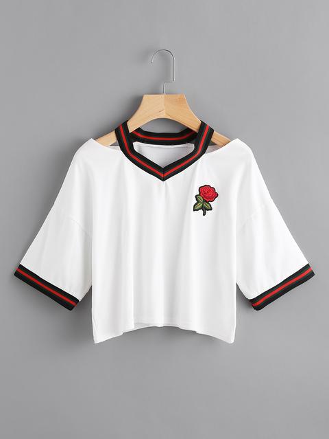 Cut Out Neck Rose Patch Contrast Trim Tee