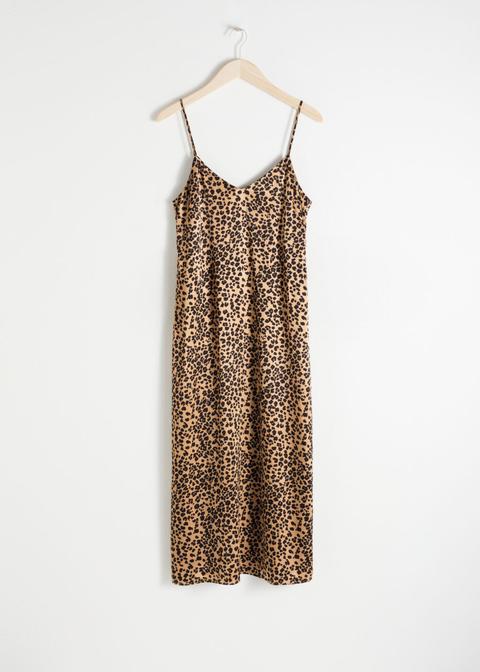 Satin Leopard Slip Dress - Beige