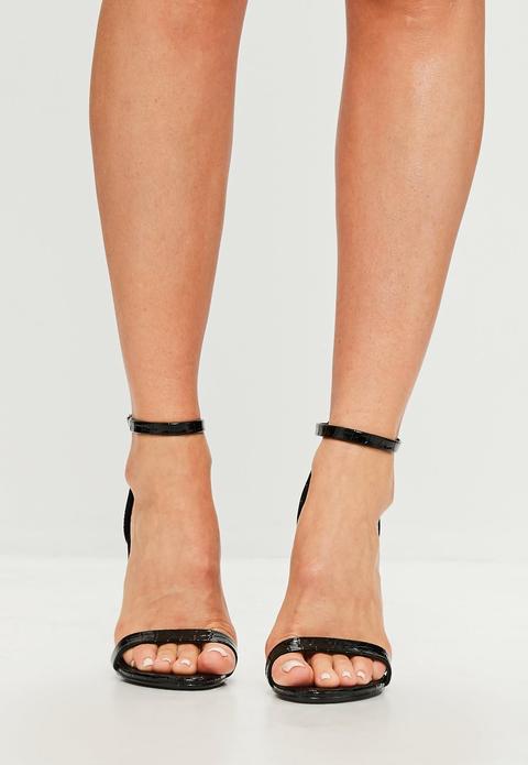 Black Croc Two Strap Barely There Heels, Black