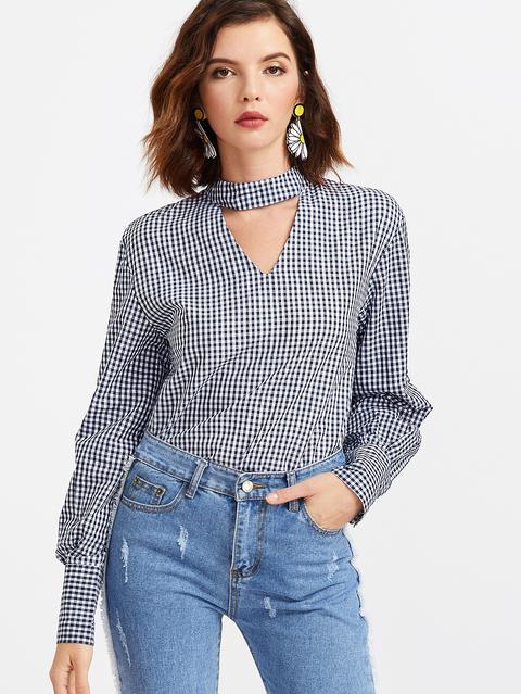Blusa De Cuadros Con Abertura Negro Blanco