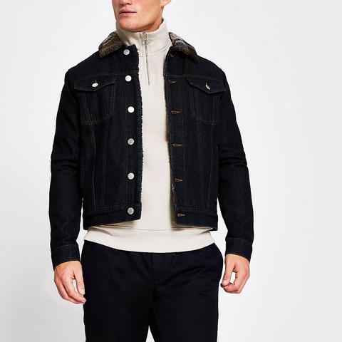 Blue Check Collar Borg Denim Jacket