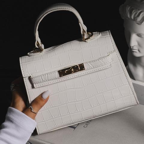 Lock Detail Bag In White Croc Print Patent,, White