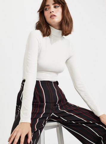 Womens White Long Sleeve Ribbed Roll Neck Top, White
