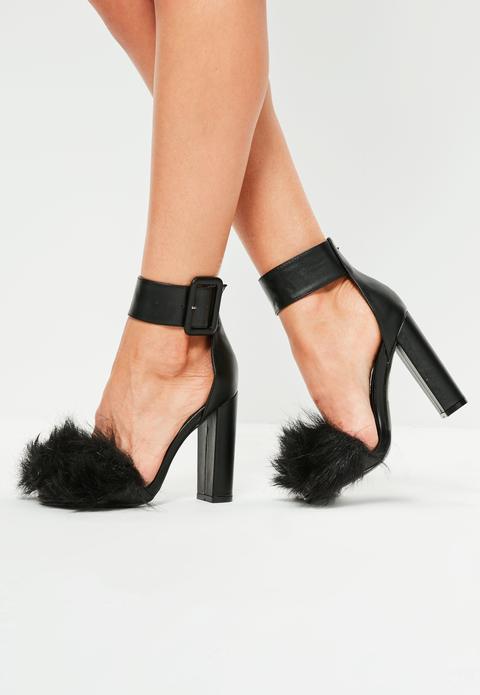 Black Faux Fur Block Heel Sandals