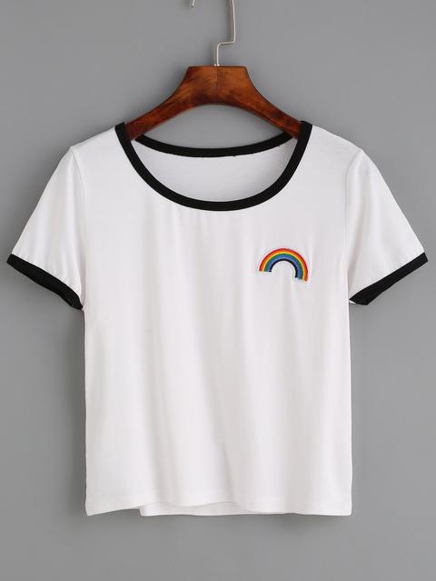 White Contrast Trim Rainbow Embroidered T-shirt