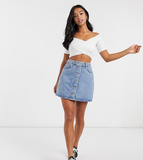 Asos Design Petite - Jupe En Jean Boutonnée - Bleu