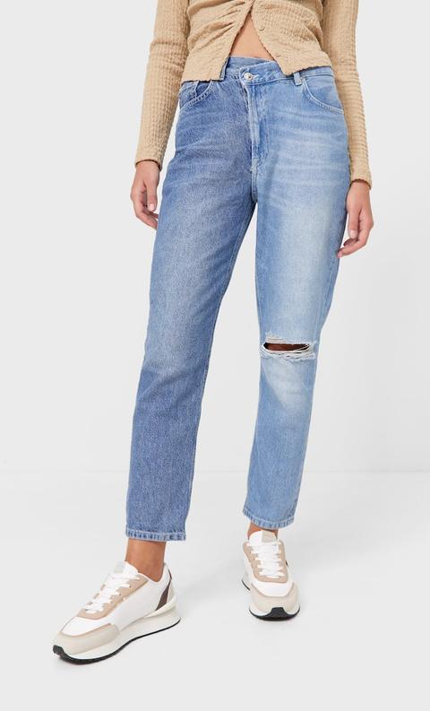 Stradivarius Jean Mom Fit Crossover Denim Clair 34