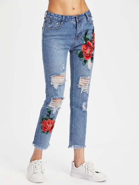 Embroidered Appliques Ripped Frayed Hem Jeans