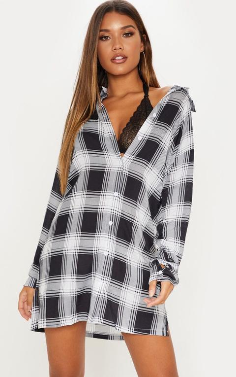 Black Oversized Checked Lightweight Shirt Dress