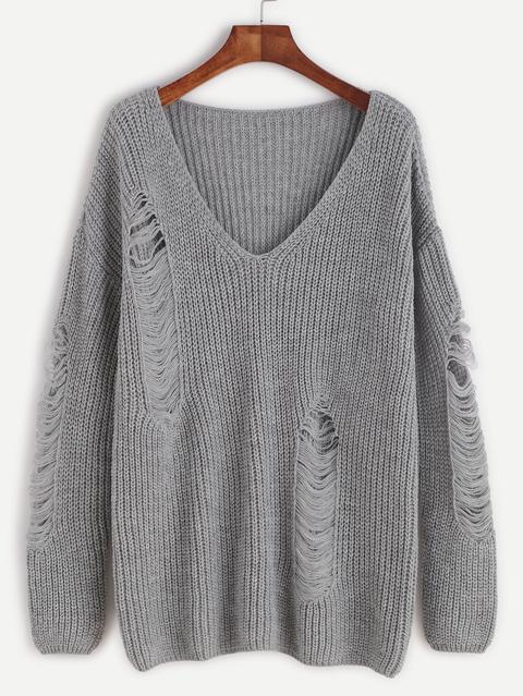 Grey V Neck Drop Shoulder Ripped Sweater