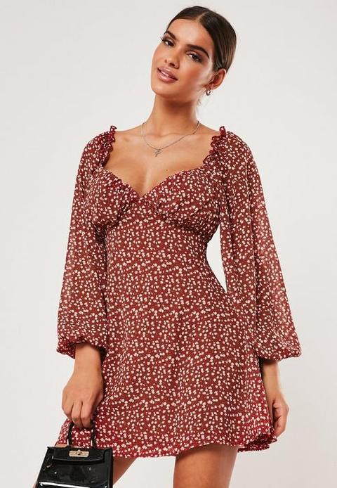 Burgundy Floral Print Milkmaid Sleeve Mini Dress, Burgundy