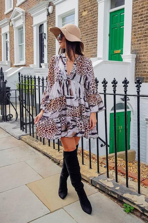 Mixed Animal Print Plunge Flute Sleeve Shift Dress - Olesya