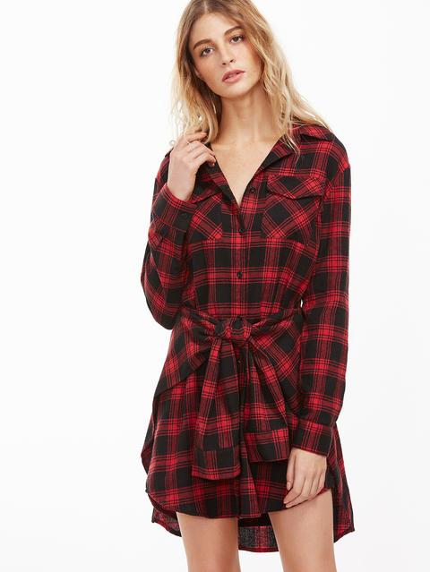 Vestido Camisero A Cuadros Con Lazo Negro Y Rojo