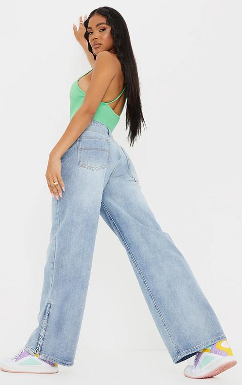 Light Blue Wash Zip Hem Wide Leg Jeans