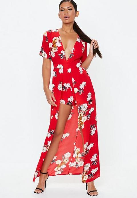 Red Crepe Maxi Overlay Floral Playsuit, Red