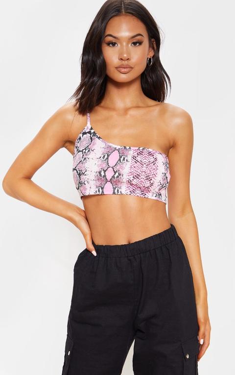 Basic Pink Snake Printed One Shoulder Strappy Crop Top