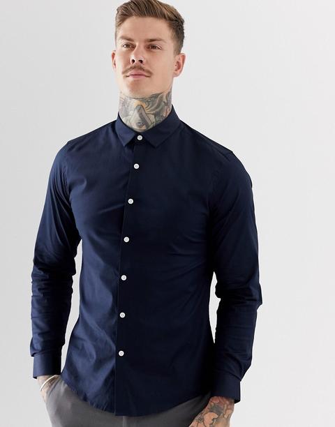Camisa Azul Marino De Corte Slim Elástico De Asos Design